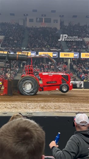 Full Pull! "Trailblazer" Massey Ferguson making a beautiful pass at the 2025 National Farm Machinery Show Championship Pull in Louisville, KY! Save the dates for the 2026 edition on February 11-14, 2026! - Farm Credit Mid-America | JP Pulling Productions