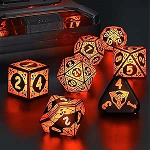 LED Dice Set DND, Cool Light up Dice Set Rechargeable for Dungeons and Dragons, ZHOORQI Polyhedral D and D Dice with Charging Box for Role Playing Game Gifts (Orange-Shackles)