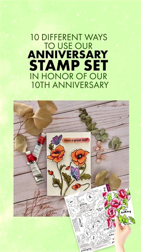 10 different ways to use our 10th Anniversary stamp set 🥳💛 This reel features our Bouquet of Poppies complete bundle This magnificent & huge floral set was exclusively designed to celebrate Altenew's 10 years in the crafting industry! The exquisite 8" x 11" Bouquet of Poppies Stamp Set harmonizes the elegance of flowers with the power of words, empowering you to unleash your creativity with vibrant hues. Featuring a medley of blooming wonders, a graceful butterfly, and versatile sentiments, th