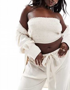 ASOS DESIGN Curve Isabel Mix & Match linen blend shirred bandeau beach top in neutral | ASOS