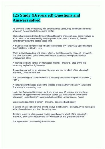 Latest 125 Study Drivers ed Questions and Answers solved36 video