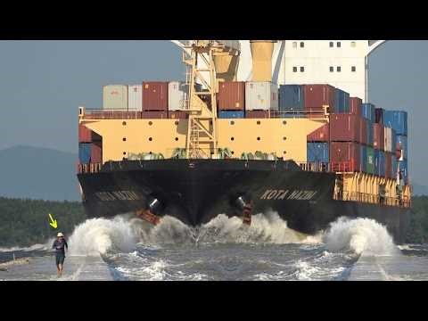⚠️ Close Call! Huge Waves from Passing Container Ship Hit Shore Sends Man Running