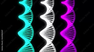 dna animation. Holographic object rotating in black backgorund. Modern biological futuristic hologram backgorund. three from one. Neon lines glowing