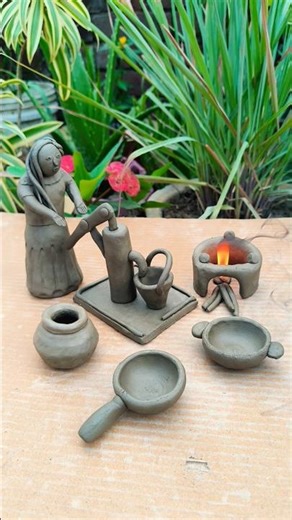 diy clay village girl with clay kitchen set, #kitchenset #miniaturehouses #clayart #miniature #art