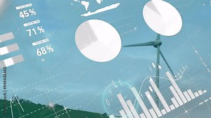 Graphs and pie charts animation over wind turbine and landscape