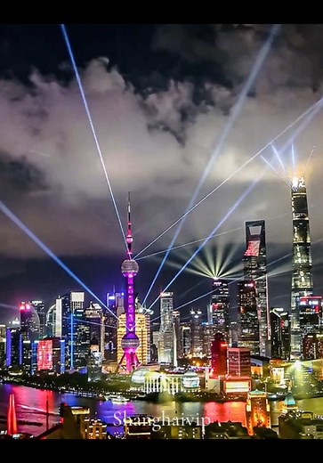 Shanghai neon lights skyline: futuristic city at night