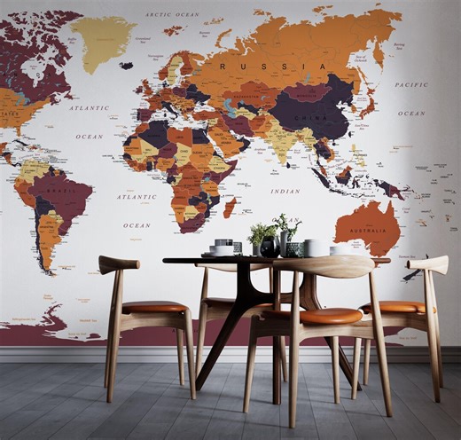 Vintage World Map Wall Mural | Earth Tones Removable Wallpaper | Home Office Decor Geography Poster - Etsy Norway