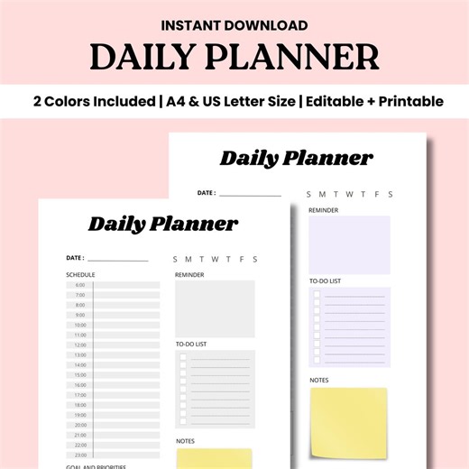Daily Planner PDF | Editable, Printable, 2 Colors (digital Download) - Etsy