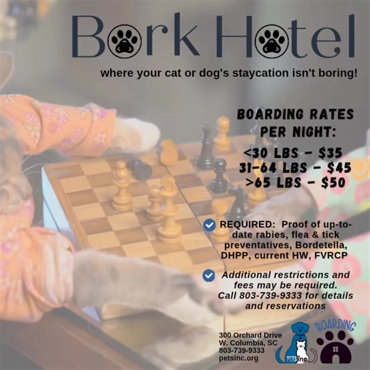 Sleepovers are never boring at the #BorkHotel. See graphic for boarding requirements. Call 803-739-9333 to make boarding reservations. Ask about our vet care and grooming add-ons. #PetBoarding #PETSincPetBoardingService | PETSinc