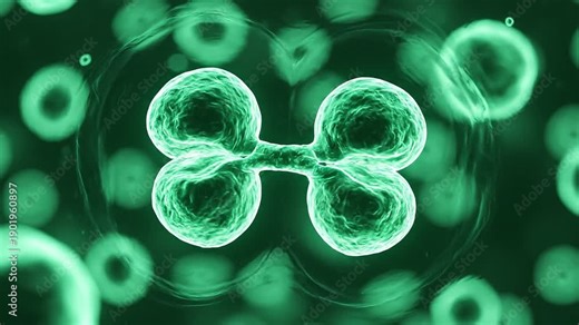 Glowing dividing cell undergoing mitosis process showing cellular reproduction growth and medical science biological visualization
