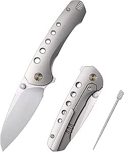 REMETTE Pocket Knife with Titanium Toothpick Manual Grinding Pearlescent Satin M390 Blade Titanium Handle Flipper Opener Thumb Stud Folding Knives for Men Women Gifts (RT-BEE)