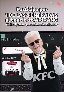 ¡Lo logramos! Participa por 1 de las 2 entradas al concierto BTS Arirang 🫰🏻: Síguenos. Llena el formulario de nuestra bio hasta el 3 de mayo ​ (FORMULARIO - Sorteo Concierto Arirang 💜). ¡Listo! Válido para mayores de 18 años. Anuncio de ganadores: 8 de mayo de 2026. La entrada es intransferible. T&C: https://shortlink.uk/1sW9J #kfc #kfcperu