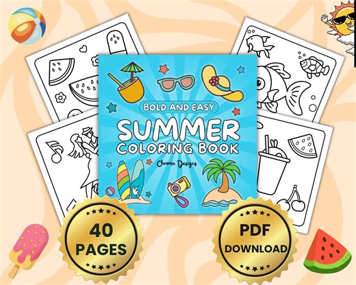 Bold and Easy Summer Coloring Book for Adults and Kids, Simple Big Designs for Relaxation, Thick Lines Printable Summer Coloring Pages PDF - Etsy