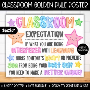 Pastel Classroom Expectation Rule Poster, Golden Rule Rainbow Behavior Sign