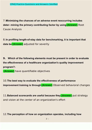 CPHQ Practice Questions and Answers 20222023 Verified AnswersCertified Professional in Healthcare Qu