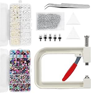 Pearl Handmade Setting Machine, Reusable Pearl Setting Machine and Hand Press Pearl Setting Tools with Pearls Nails Triangle Tray Screw Heads and Tweezer for Decorating Clothes Skirts Bags DIY Crafts
