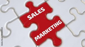 Sales marketing. The inscription on the missing element of the puzzle. Folding white puzzles elements and one red with word SALES MARKETING. Footage video