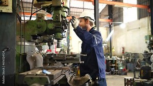 Worker operating in manual lathe. industrial Engineer manager man demonstration and training mechanic worker woman operating industrial lathe machine and checking quality control