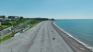 Budleigh Salterton Beach from a drone, Otter Estuary Nature Reserve, Jurassic Coast, Littleham Cove, Exmouth, Devon, England, United Kingdom