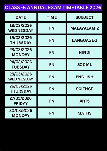 CLASS 6 ANNUAL EXAM TIME TABLE 2026 #class6 #annualexam #timetable #2026 #exam