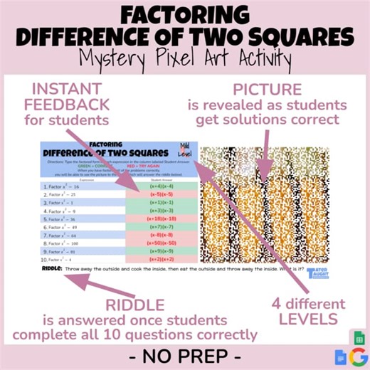 Factoring Binomial Expressions with Difference of Two Squares (DOTS) - 4 Levels