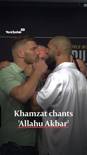 12K views · 309 reactions | Chechen UFC fighter Khamzat Khizarovich Chimaev will compete for the UFC middleweight title against reigning champion Dricus Du Plessis. The two fighters came face to face in a pre-fight confrontation. During the event, UFC CEO Dana White appeared visibly startled when Chimaev bravely shouted, “Allahu Akbar,” with audience joining the chants in support. | Yeni Şafak | Facebook