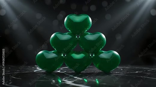 Shiny green heart pyramid on reflective dark marble, surrounded by mystical smoke and dramatic spotlights. Ideal for romance, luxury gifts, wealth, success, or St. Patrick's Day themes.
