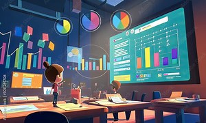 A modern classroom with students analyzing data on a large screen and engaging with charts.