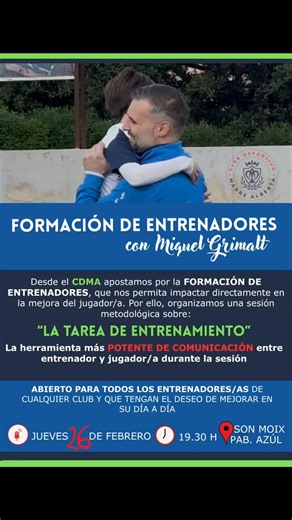 Sección Fútbol on Instagram: "📢 Formación de entrenadores con @grimaltmiquel . Desde el CDMA apostamos por la formación de entrenadores. 👉 Sesión metodológica sobre: LA TAREA DE ENTRENAMIENTO 💪La herramienta más POTENTE DE COMUNICACIÓN 📢📢 entre entrenador y jugador 🫂⚽ 🚨 IMPORTANTE: ABIERTO PARA TODOS LOS ENTRENADORES/AS DE CUALQUIER CLUB. 🙏TENER EL DESEO DE MEJOR EN TU DIA A DIA. 👉Apúntate www.elclubdelclubcdma.es, enlace directo en pagina principal : Formación entrenadores. #aprendiend