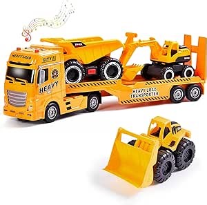 4-in-1 Construction Carrier Truck Toys for Kids | Semi Toy Car Kids Toy with Excavator and Dump Truck, Great Gift for Age 3+ Years Old Boys Girls