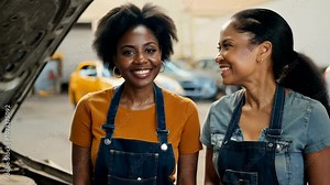 Female car repair team in their workshop. Join our female car repair team as they tackle everything from oil changes to complex engine work with flair!
