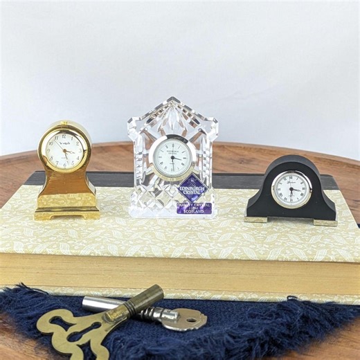 Vintage Miniature Metal and Crystal Clocks (sold individually), Battery Operated Mini Timepieces, Gold and Cut Crystal Tiny Mantel Clocks