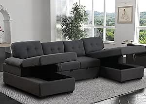 Modern Modular Sofa Couch, Dark Grey - Sectional Sleeper with Pull Out Bed, Double Storage Chaise, 4 Seater