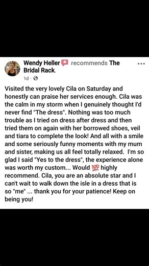 The Bridal Rack / Essex on Instagram: "We love a real bride endorsement. As always we are so happy to be able to provide the best appointment as possible to our lovely brides. We are not perfect, but we try hard to be kind and do a good job without creating pressure or unnecessary stress to our clients. Thank you so much Wendy for the lovely review. 💛🧡🩷 #thebridalrackboutique #wecare #realbride #bridereview #tbr"