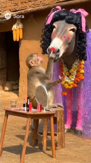 Monkey Makeup Artist 💄 | Donkey’s Village Beauty Makeover 😍🐴 #funnyshorts #villagecomedy