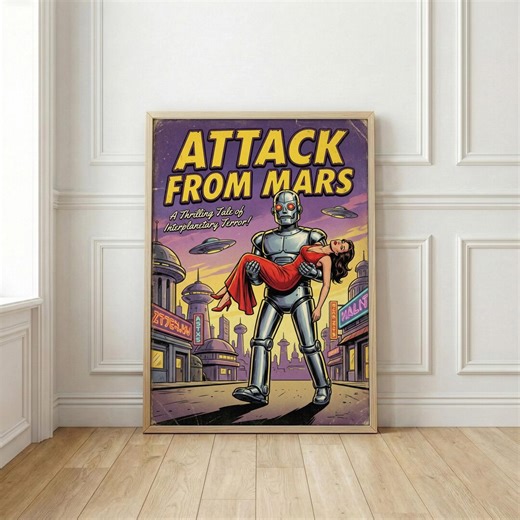 Retro Sci Fi Movie Poster | Vintage Robot Art Print | Attack From Mars Wall Decor | 50s Pulp Fiction Aesthetics | Geeky Man Cave Gift - Etsy