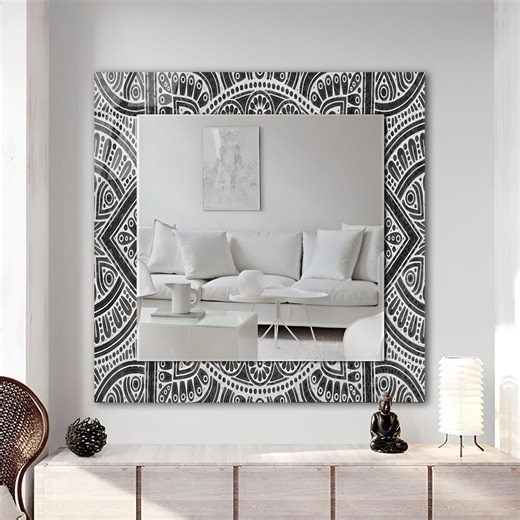Black White Mandala Glass Tile Mirror, Large Wall Art Decor - Etsy
