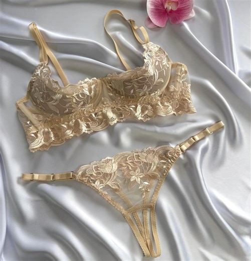 Gold Lace Lingeroe Open Crotch, Half Cup Shelf Bra and Crotchless Bikini Thong - Etsy