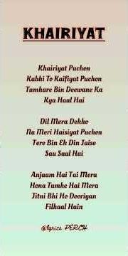 Khairiyat 🫀Pucho Kabhi To Kaifiyat Pucho - (Lyrics)💛 - Arijit Singh | ‪@LyricsPerch‬ 🔍