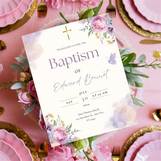 Floral Lilac Baptism Invitation, Editable Canva Template - Etsy