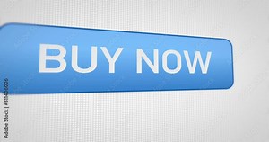 Animation: a button on the buy now website. Buy new products with a single button, quick sales or purchases. Online marketing in an online store. The user makes a new purchase with cashless payment.