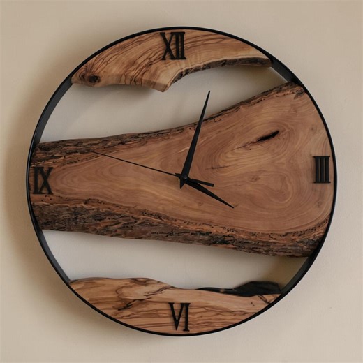 Unique Olive Wood Wall Clock, Round Metal Frame Clock, Roman Numeral Farmhouse Decor, Rustic Modern Living Room Accent - Etsy