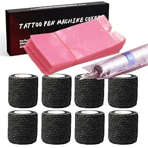 Pen Covers Pink with Grip Tapes - Canethy 200pcs Machine Covers Large and 8pcs Grip Wrap Machine Bags Grip Covers Pen Machine Bags Gun Covers Tattoo Bandage Wrap
