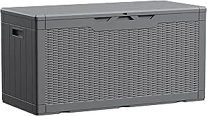 Devoko 100 Gallon Waterproof Large Resin Deck Box Indoor Outdoor Lockable Storage Container for Patio Furniture Cushions Garden Tools (100 Gallon, Grey)