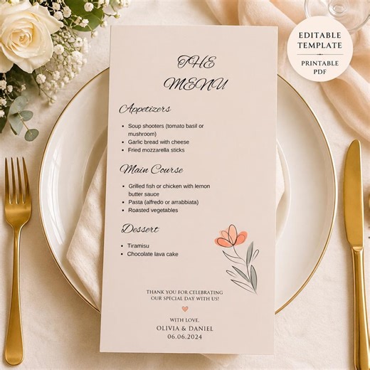 wedding menu card template | editable printable menu cards | instant download | wedding reception decor | modern minimalist