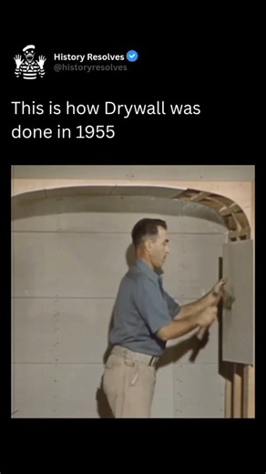 History | Ancient History on Instagram: "In 1955, the production and installation of drywall, also known as plasterboard or gypsum board, was a relatively established but still evolving process that revolutionized interior construction by providing a faster and cleaner alternative to traditional wet plaster. Drywall panels were made by sandwiching a core of gypsum plaster between heavy paper sheets, with the gypsum typically mined, crushed, and then calcined to remove moisture before being forme