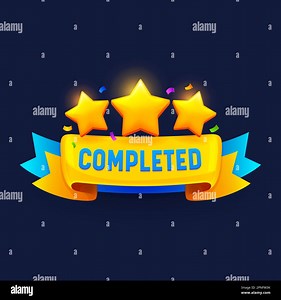 Game level complete badge or icon. Vector ui or gui interface element, reward popup stars with blue and gold banner. Award or bonus for mobile app, vi Stock Vector Image & Art - Alamy
