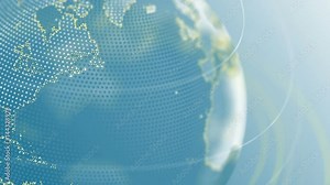 Digital Planet Earth Loop 2E: 360 degrees rotating globe focused on northern hemisphere, light vivid blue tint with bright gradient background. Land edges as yellow dots. FullHD, seamless loop. Stock Video