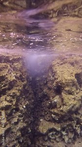 Close-up, sea waves crash against cliff, penetrating crack and filling it with small air bubbles, Vertical video, Slow motion. Marine waves crashing on coastal rock reef