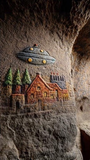 UFO Hovering Over Village Carving #ancienthistory #carving #ytshorts #egypt